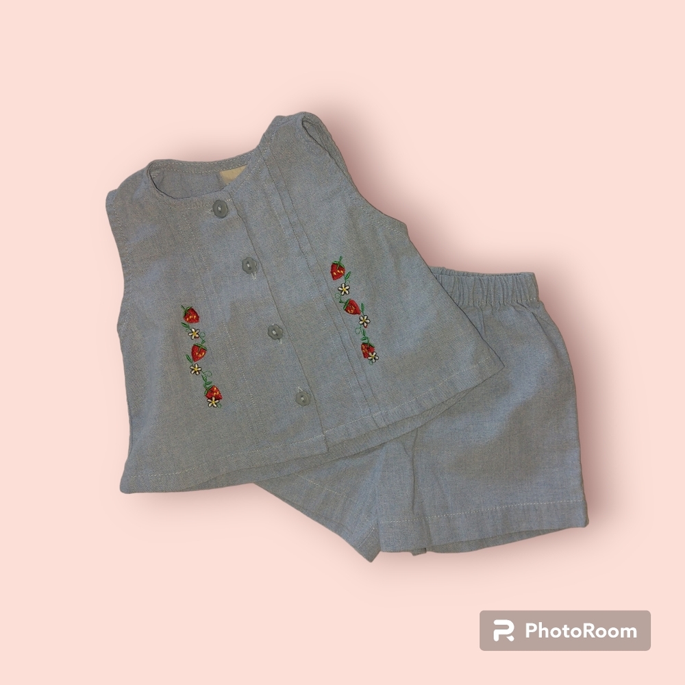 Little Lindsey Chambray Shorts Set with Stawberry Embroidery.